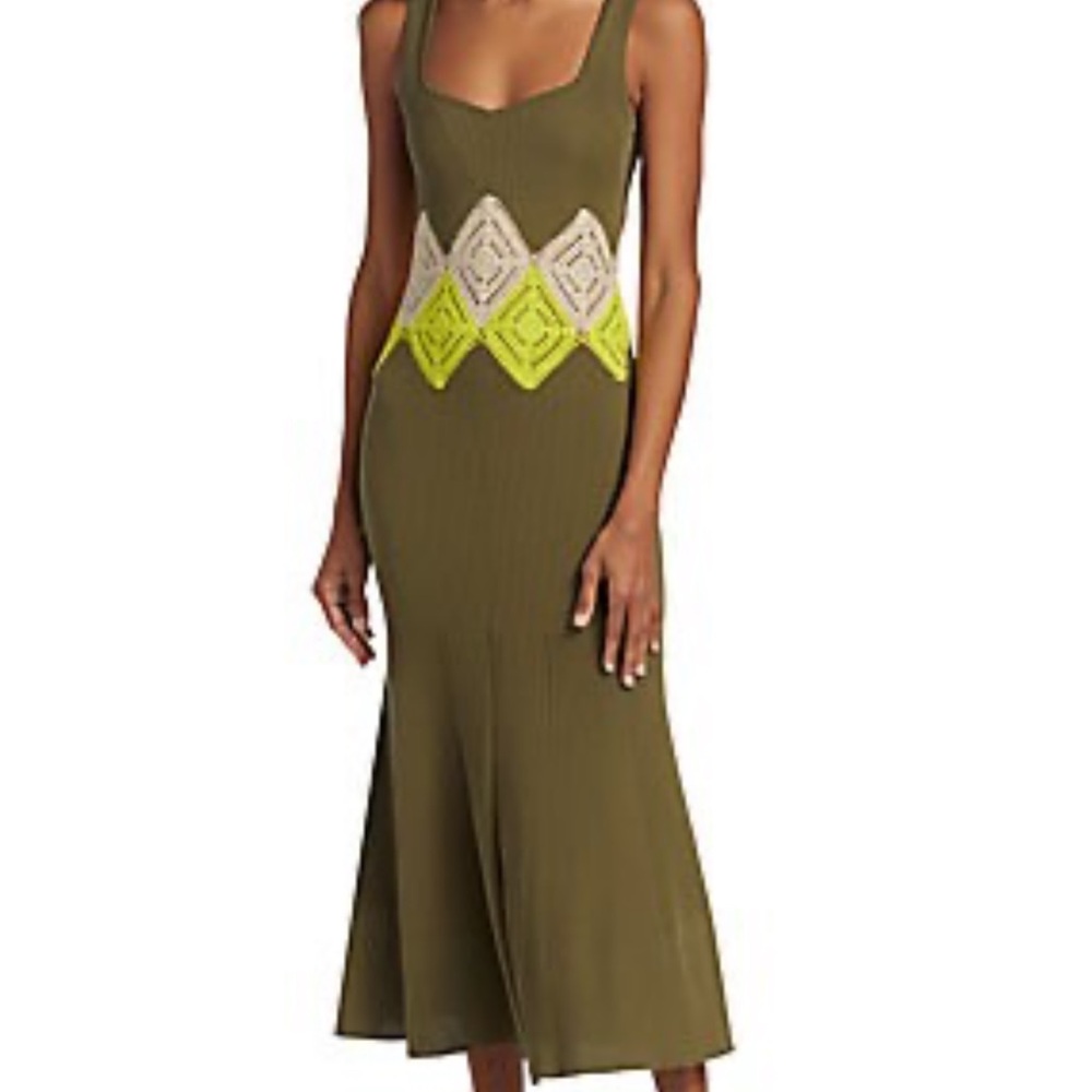 Tanya Taylor Olive Green Maxi Dress with Yellow and Cream Accents